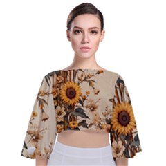 Sunflower Flowers Nature Trees Tie Back Butterfly Sleeve Chiffon Top