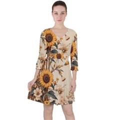 Sunflower Flowers Nature Trees Quarter Sleeve Ruffle Waist Dress