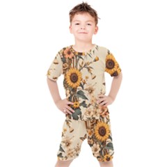 Sunflower Flowers Nature Trees Kids  T-shirt And Shorts Set