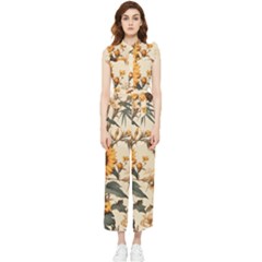 Sunflower Flowers Nature Trees Women s Frill Top Chiffon Jumpsuit