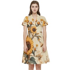 Sunflower Flowers Nature Trees Short Sleeve Waist Detail Dress