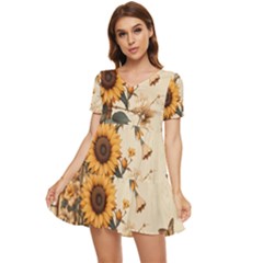 Sunflower Flowers Nature Trees Tiered Short Sleeve Babydoll Dress by Salmanaz77