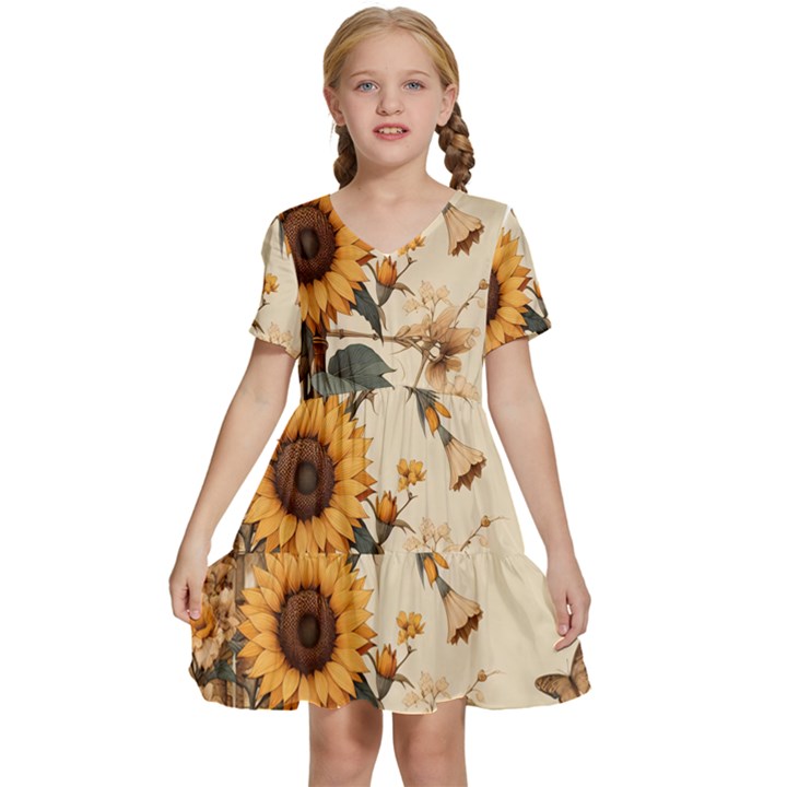 Sunflower Flowers Nature Trees Kids  Short Sleeve Tiered Mini Dress