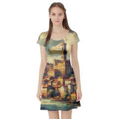 Village Houses Buildings Facade Short Sleeve Skater Dress