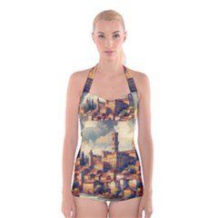 Village Houses Buildings Facade Boyleg Halter Swimsuit  by Salmanaz77