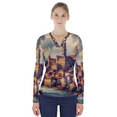 Village Houses Buildings Facade V-neck Long Sleeve Top by Salmanaz77