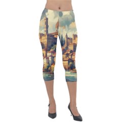 Village Houses Buildings Facade Lightweight Velour Capri Leggings  by Salmanaz77