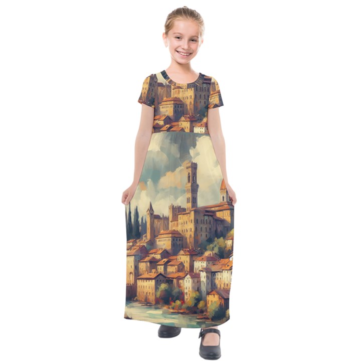 Village Houses Buildings Facade Kids  Short Sleeve Maxi Dress