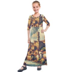 Village Houses Buildings Facade Kids  Quarter Sleeve Maxi Dress by Salmanaz77