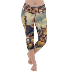 Village Houses Buildings Facade Lightweight Velour Capri Yoga Leggings by Salmanaz77