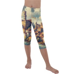 Village Houses Buildings Facade Kids  Lightweight Velour Capri Leggings  by Salmanaz77