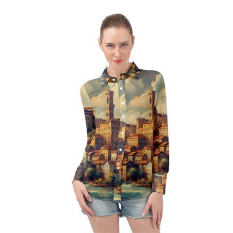 Village Houses Buildings Facade Long Sleeve Chiffon Shirt by Salmanaz77