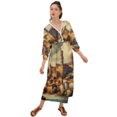 Village Houses Buildings Facade Grecian Style  Maxi Dress