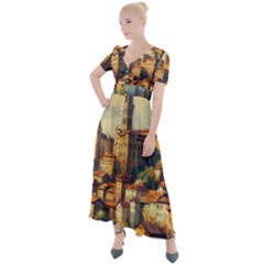 Village Houses Buildings Facade Button Up Short Sleeve Maxi Dress