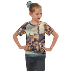 Village Houses Buildings Facade Kids  Mesh Piece T-shirt