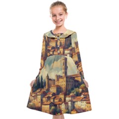 Village Houses Buildings Facade Kids  Midi Sailor Dress