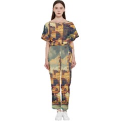 Village Houses Buildings Facade Batwing Lightweight Chiffon Jumpsuit