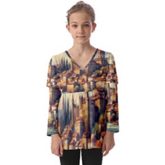 Village Houses Buildings Facade Kids  V Neck Casual Top