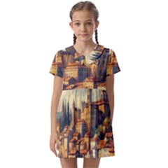 Village Houses Buildings Facade Kids  Asymmetric Collar Dress