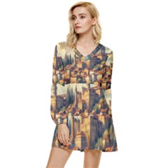 Village Houses Buildings Facade Tiered Long Sleeve Mini Dress