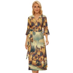 Village Houses Buildings Facade Midsummer Wrap Dress