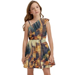 Village Houses Buildings Facade Kids  One Shoulder Party Dress