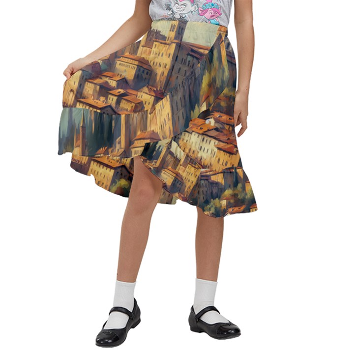 Village Houses Buildings Facade Kids  Ruffle Flared Wrap Midi Skirt