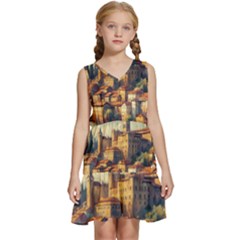 Village Houses Buildings Facade Kids  Sleeveless Tiered Mini Dress