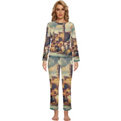 Village Houses Buildings Facade Womens  Long Sleeve Lightweight Pajamas Set