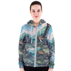 Village Nature Winter Landscape Women s Zipper Hoodie