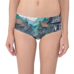 Village Nature Winter Landscape Mid-Waist Bikini Bottoms