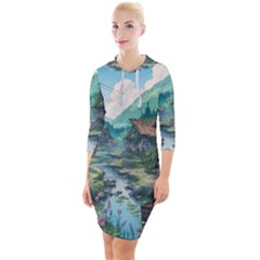 Village Nature Winter Landscape Quarter Sleeve Hood Bodycon Dress