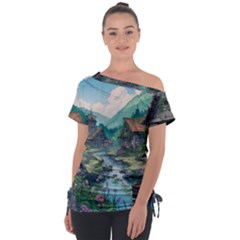 Village Nature Winter Landscape Off Shoulder Tie-Up T-Shirt