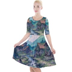 Village Nature Winter Landscape Quarter Sleeve A-Line Dress With Pockets