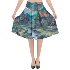 Village Nature Winter Landscape Flared Midi Skirt