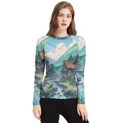 Village Nature Winter Landscape Women s Long Sleeve Rash Guard