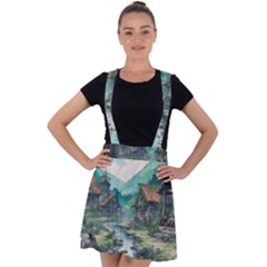 Village Nature Winter Landscape Velvet Suspender Skater Skirt