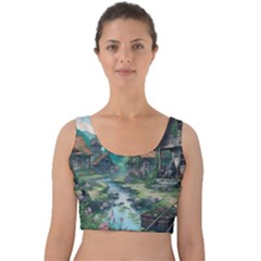 Village Nature Winter Landscape Velvet Crop Top