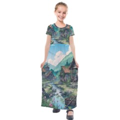 Village Nature Winter Landscape Kids  Short Sleeve Maxi Dress