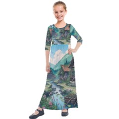 Village Nature Winter Landscape Kids  Quarter Sleeve Maxi Dress