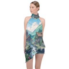 Village Nature Winter Landscape Halter Asymmetric Satin Top