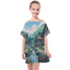 Village Nature Winter Landscape Kids  One Piece Chiffon Dress