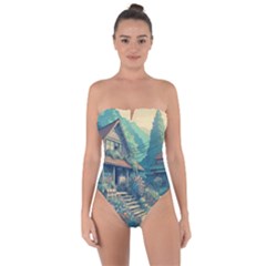 House Garden Building Flowers Tie Back One Piece Swimsuit