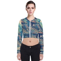 House Garden Building Flowers Long Sleeve Zip Up Bomber Jacket