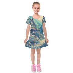 House Garden Building Flowers Kids  Short Sleeve Velvet Dress