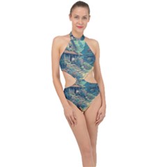 House Garden Building Flowers Halter Side Cut Swimsuit