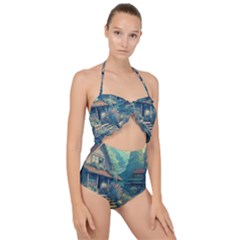 House Garden Building Flowers Scallop Top Cut Out Swimsuit