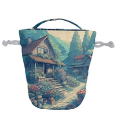 House Garden Building Flowers Drawstring Bucket Bag