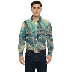 House Garden Building Flowers Men s Long Sleeve Pocket Shirt 