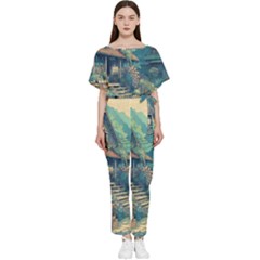 House Garden Building Flowers Batwing Lightweight Chiffon Jumpsuit